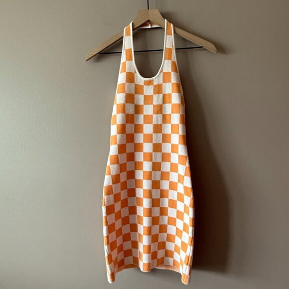 Women's XS/S Princess Polly Orange Checkmate Print Halter Bodycon Knit Mini - Picture 3 of 8